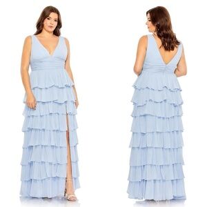 NWT Mac Duggal 68119 Blue Ruffle Tiered Sleeveless V-Neck Gown Size 20W